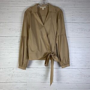 MICHAEL KORS Womens tan Tie Long Sleeve Point Collar Wrap Top Size L